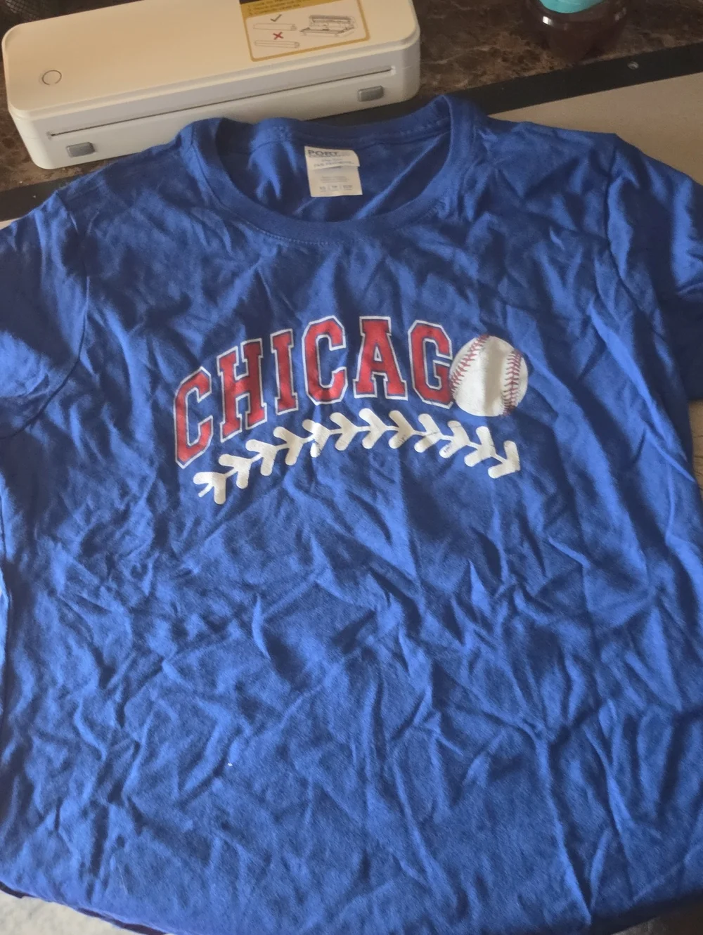 Port and Company Blue Chicago Baseball Tee with Red Lettering
